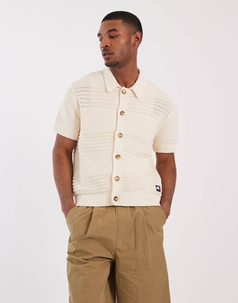 Tommy Hilfiger Crochet Short Sleeve Cardigan - Cream — Tommy Hilfiger Cardigan Cotton