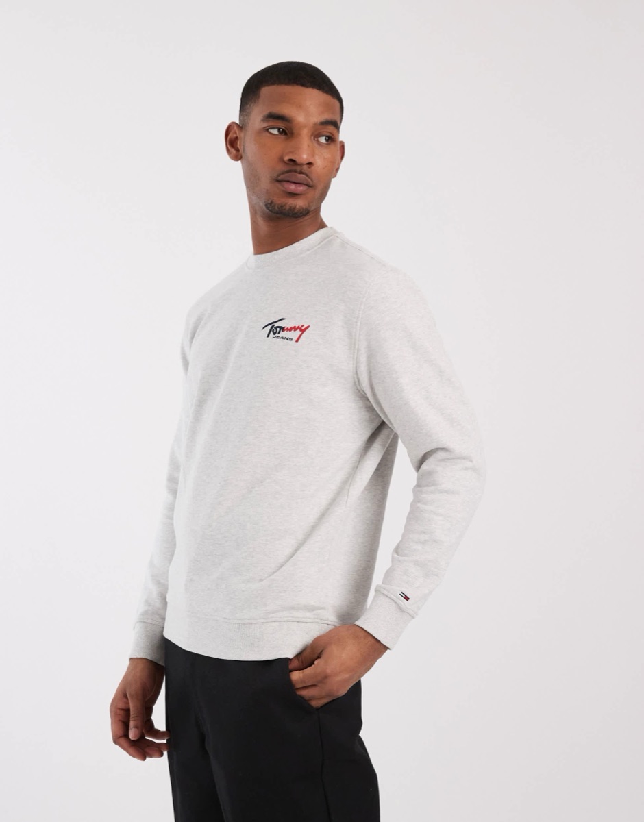 Tommy Hilfiger Sign Logo Sweatshirt - Heather Grey — Tommy Hilfiger Crewneck Sweater Cotton Blend