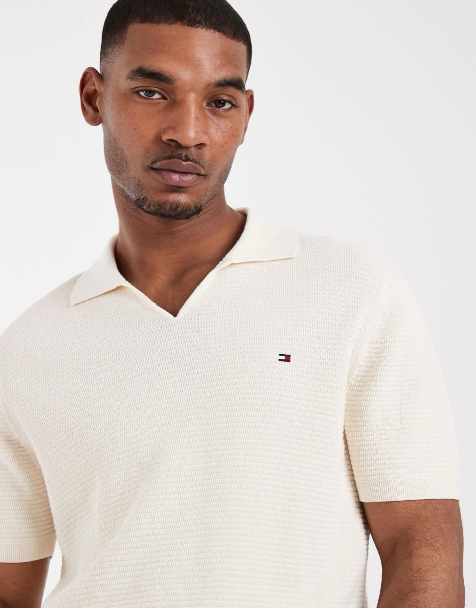 Tommy Hilfiger Textured V-Neck Collared Sweater Top - White — Tommy Hilfiger Cardigan Cotton