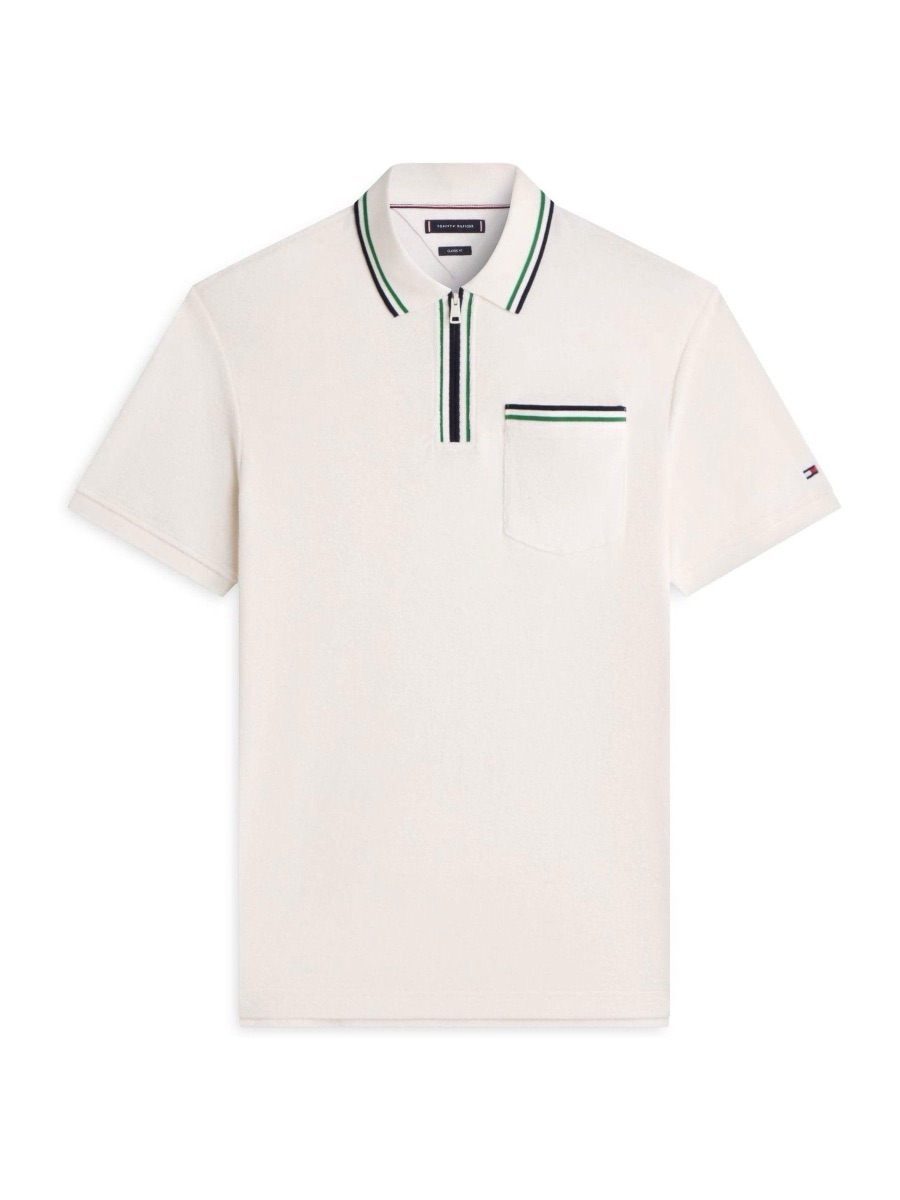 Tommy Hilfiger Tipped Towelling Zip Polo - Cream — Tommy Hilfiger Quarter-Zip Polo Cotton